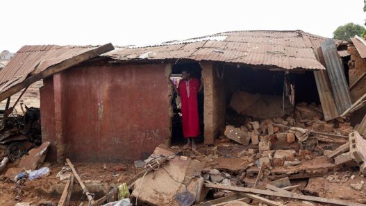 Homes destroyed and debris scattered after a rainstorm in Kaduna State, Nigeria.